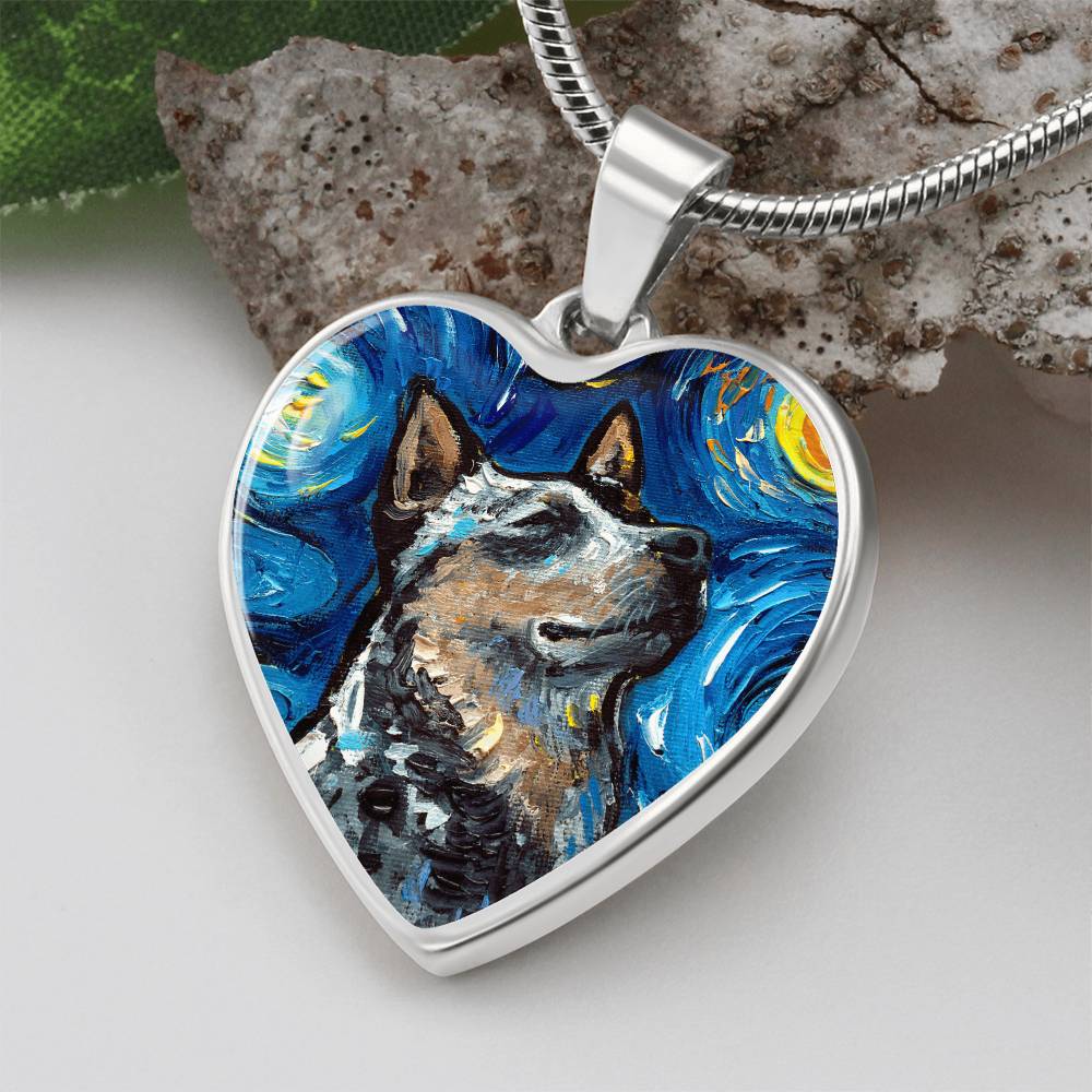 Blue Heeler Portrait Starry Night Heart Necklace