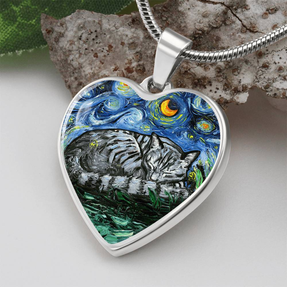 Sleeping Gray Tabby Cat Starry Night Heart Necklace