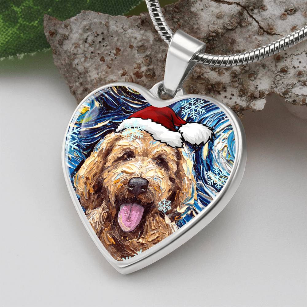 Goldendoodle in Santa Hat Starry Night Heart Necklace