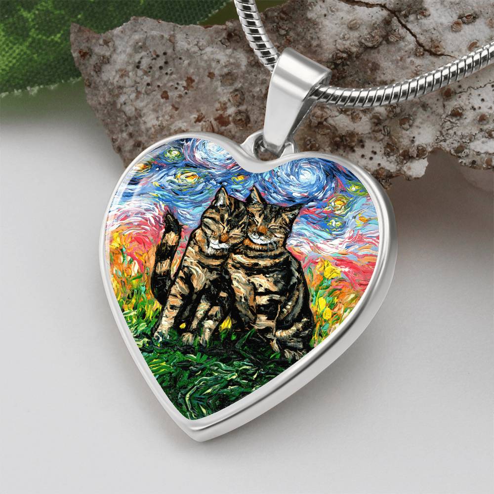 Two Tabby Cats Starry Night Heart Necklace