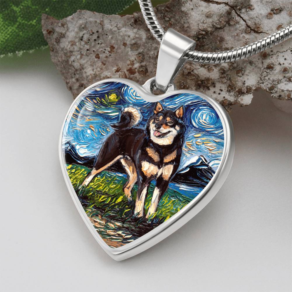 Black and Tan Shiba Inu Starry Night Heart Necklace