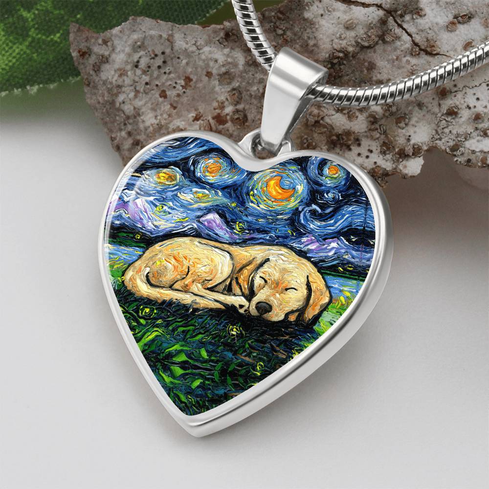 Sleeping Yellow Labrador Starry Night Heart Necklace
