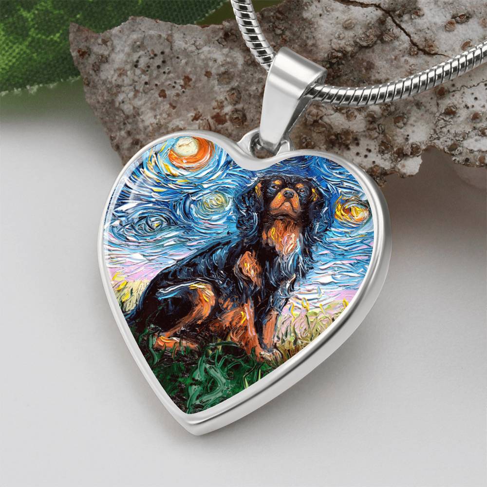 Black and Tan Cavalier King Charles Spaniel Starry Night Heart Necklace