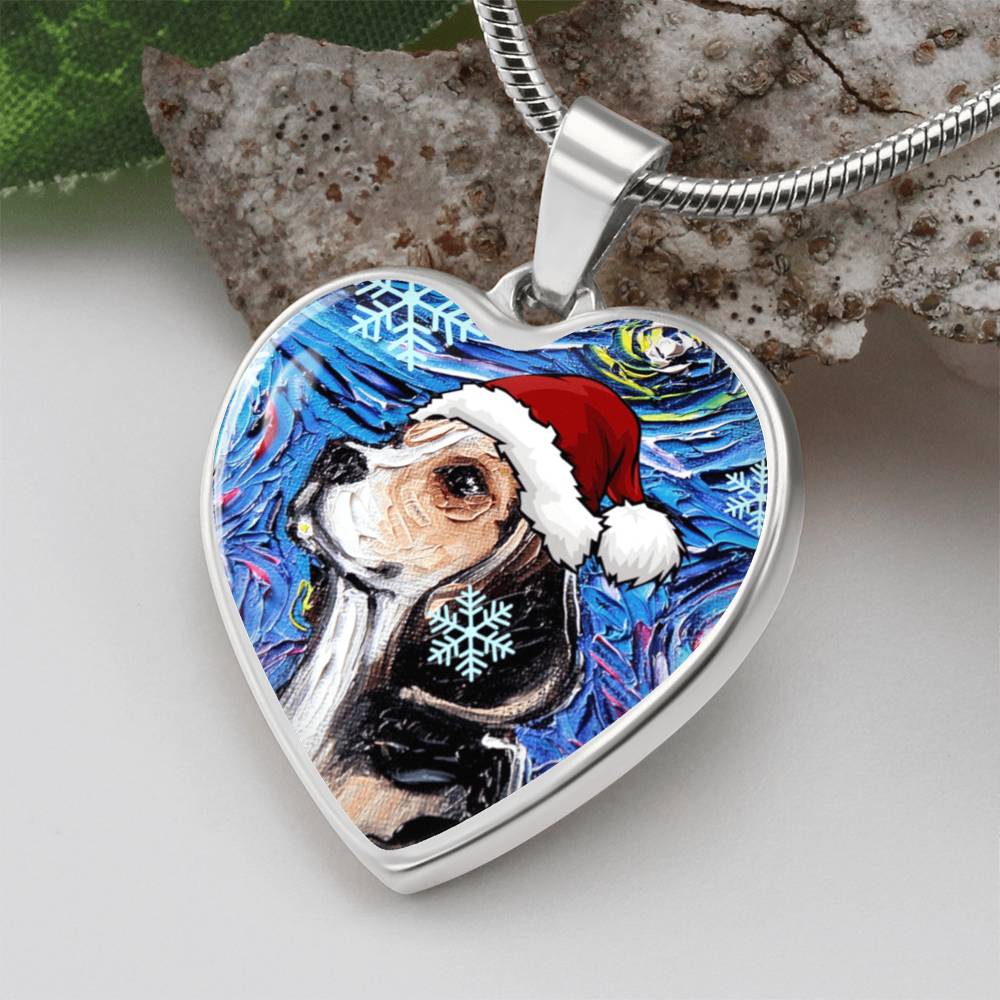 Beagle in Santa Hat Starry Night Heart Necklace