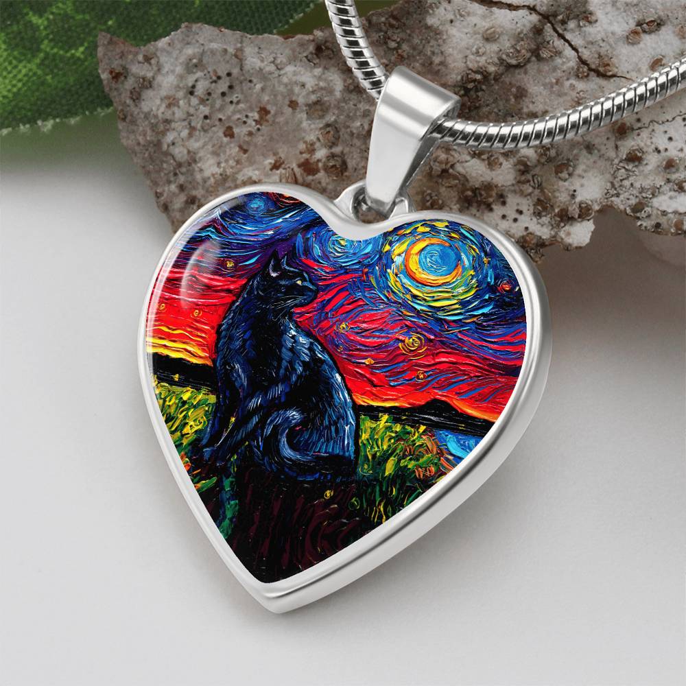 Black Cat 2 Starry Night Heart Necklace