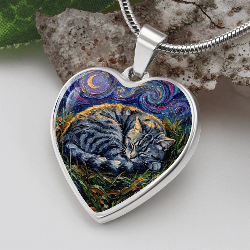 Sleepy American Shorthair Tabby Heart Necklace