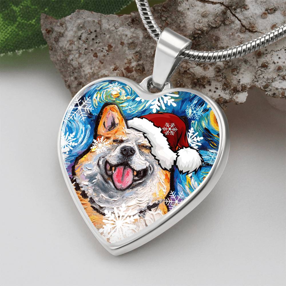Smiling Corgi Christmas Heart Necklace