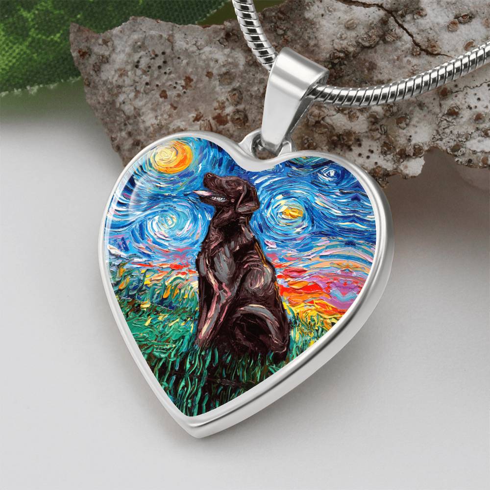 Chocolate Labrador Starry Night Heart Necklace