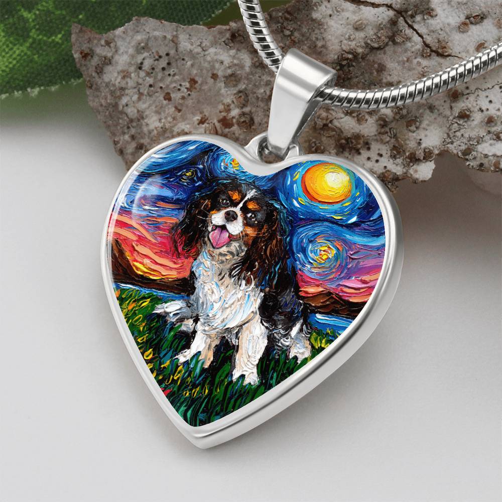 Tri Color Cavalier King Charles Spaniel Starry Night Heart Necklace