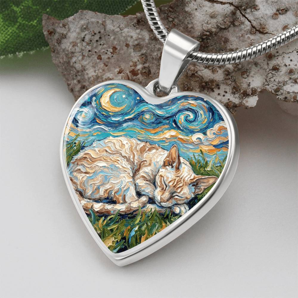 Sleepy Cornish Rex Night Heart Necklace