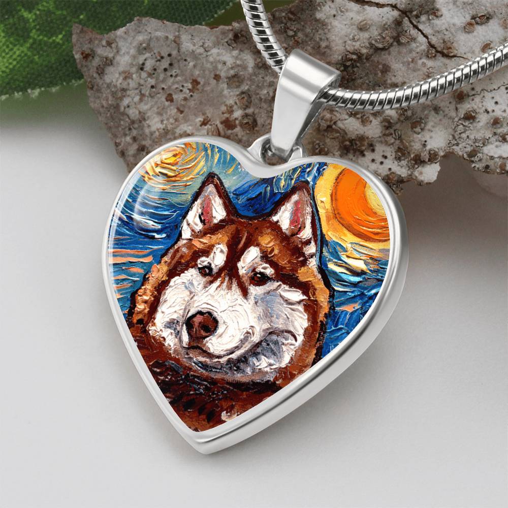 Red and White Husky Portrait Starry Night Heart Necklace