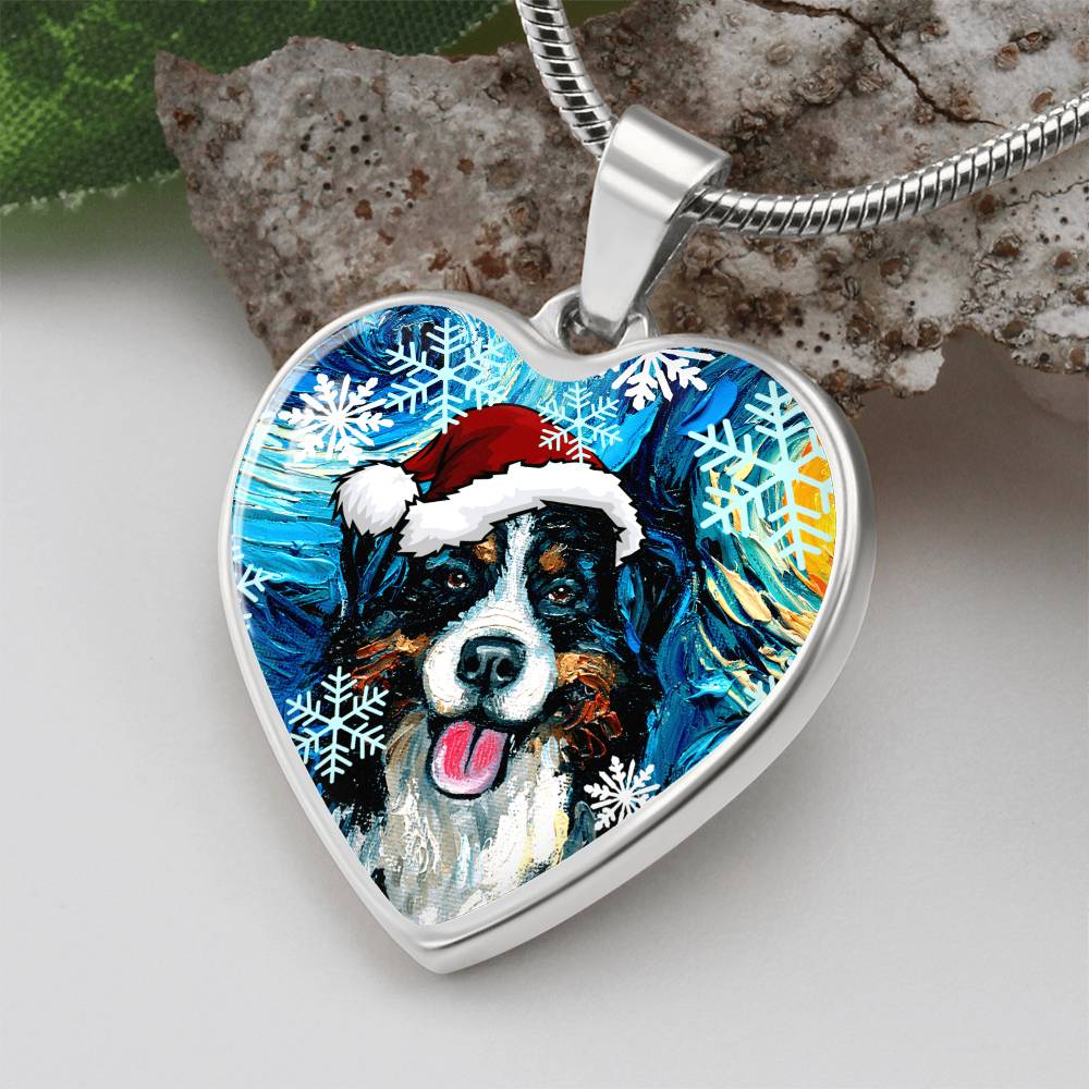 Santa Bernese Mountain Dog Heart Necklace