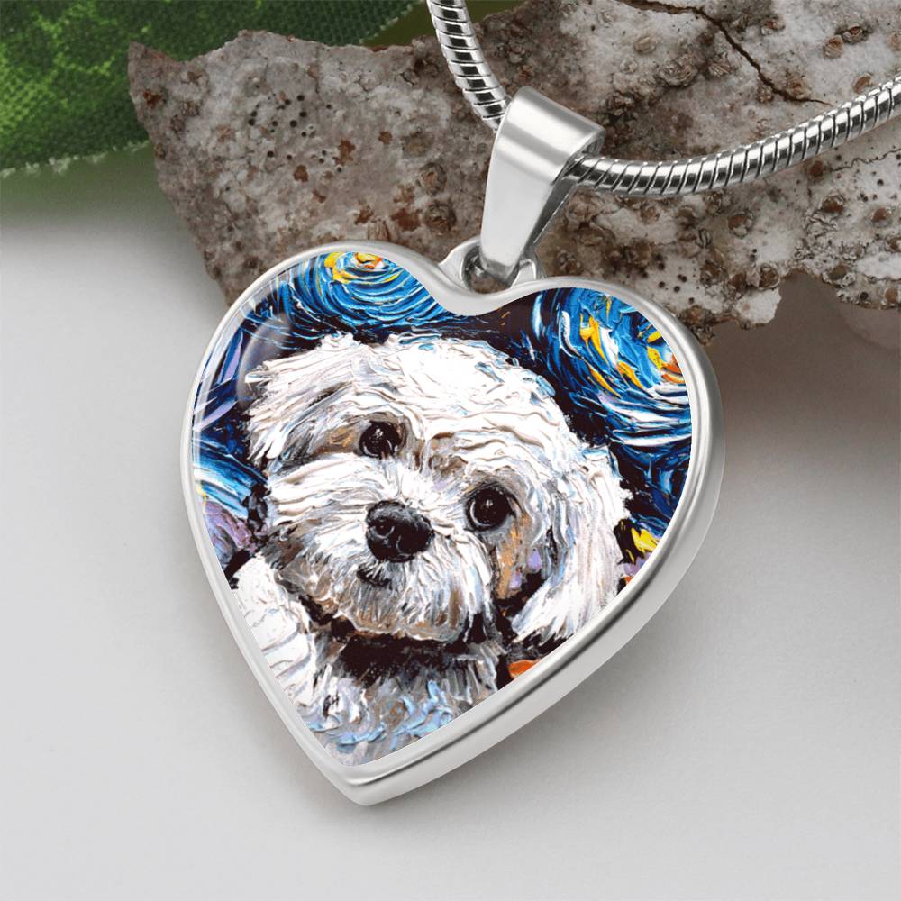 Maltipoo Portrait Starry Night Heart Necklace
