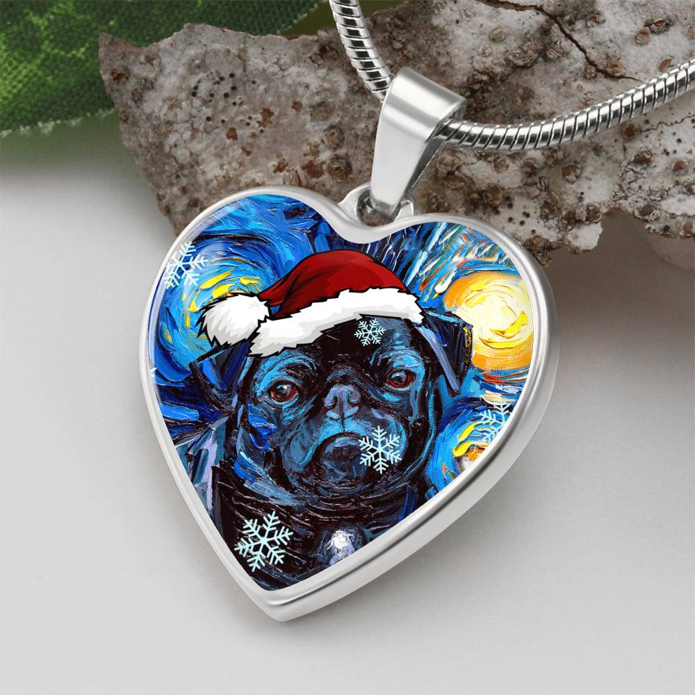 Santa Black Pug Heart Necklace