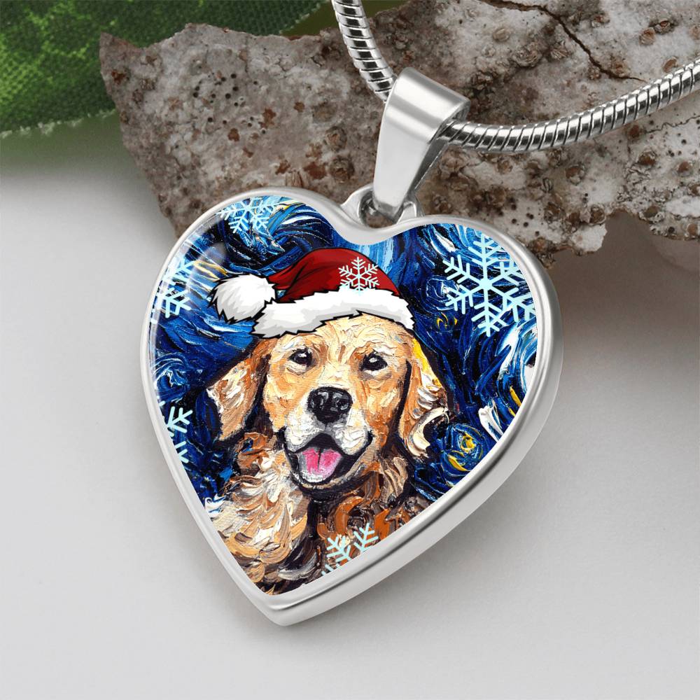 Golden Retriever in Santa Hat Starry Night Heart Necklace