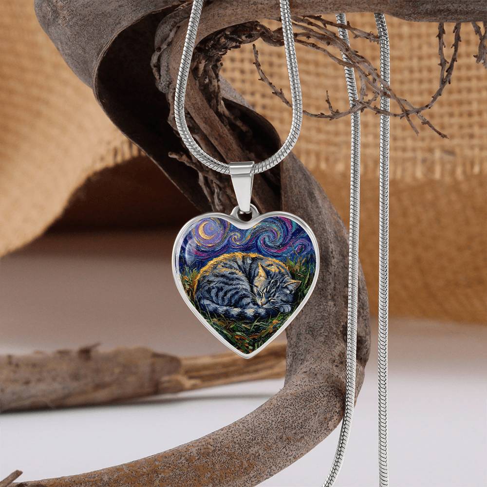 Sleepy American Shorthair Tabby Heart Necklace
