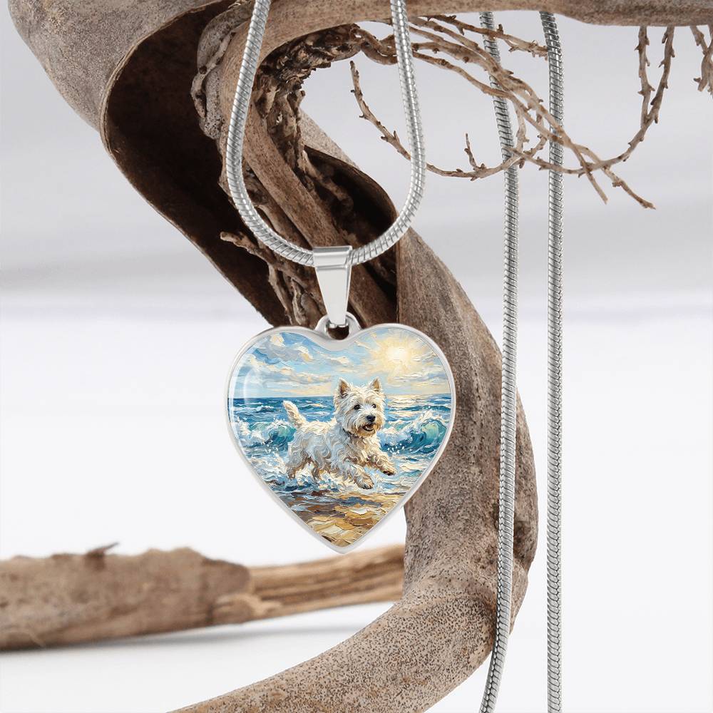 Frolicking Westie at the Beach Heart Necklace