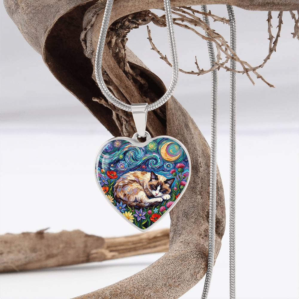 Sleepy Snowshoe Cat Night Heart Necklace