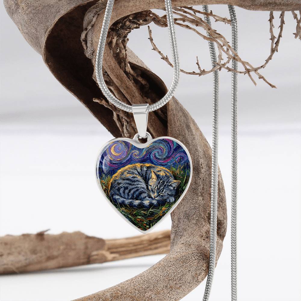 Sleepy American Shorthair Tabby Heart Necklace