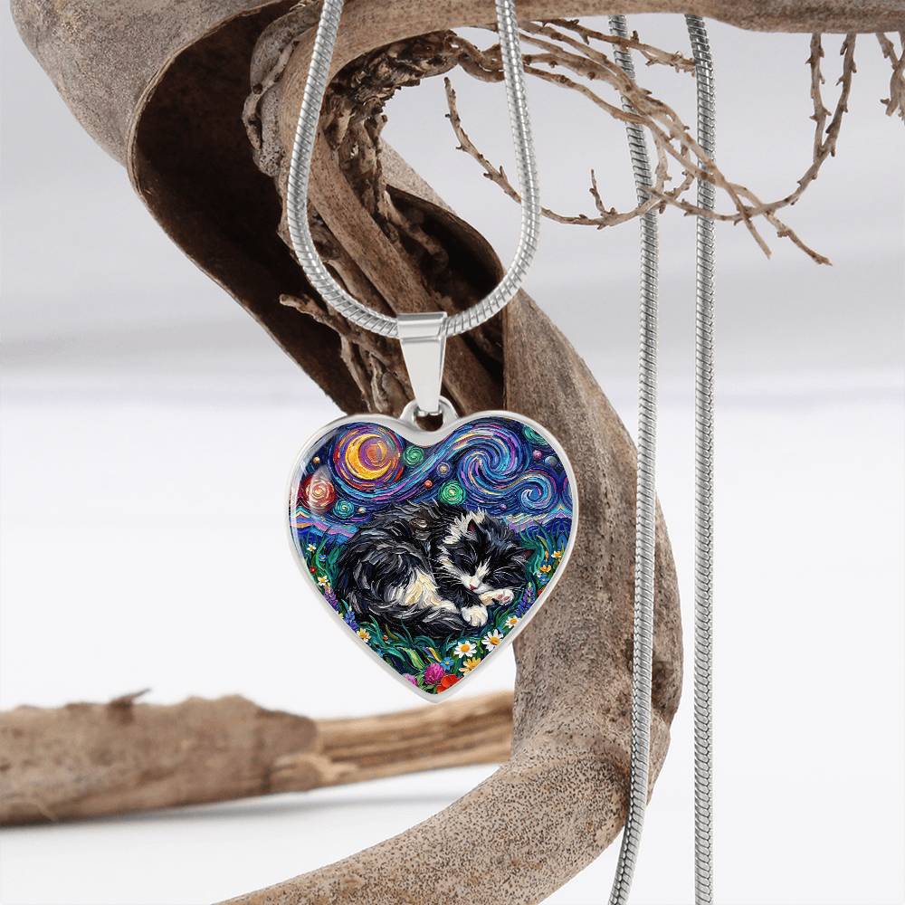 Sleepy Long Hair Tuxedo Heart Necklace