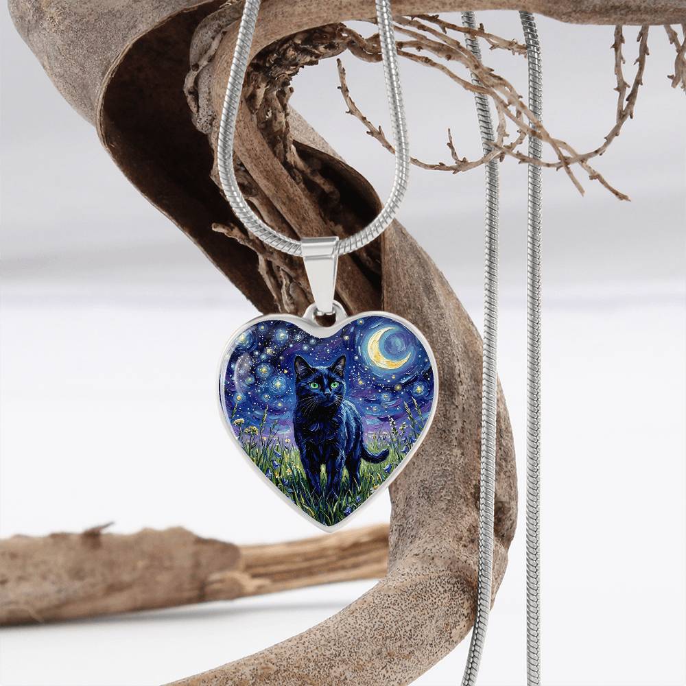 Amongst The Flowers - Black Cat Heart Necklace