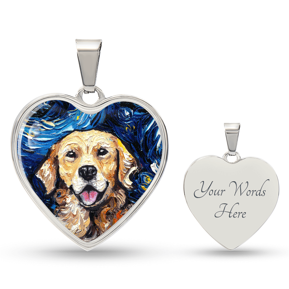 Golden Retriever Portrait Starry Night Heart Necklace