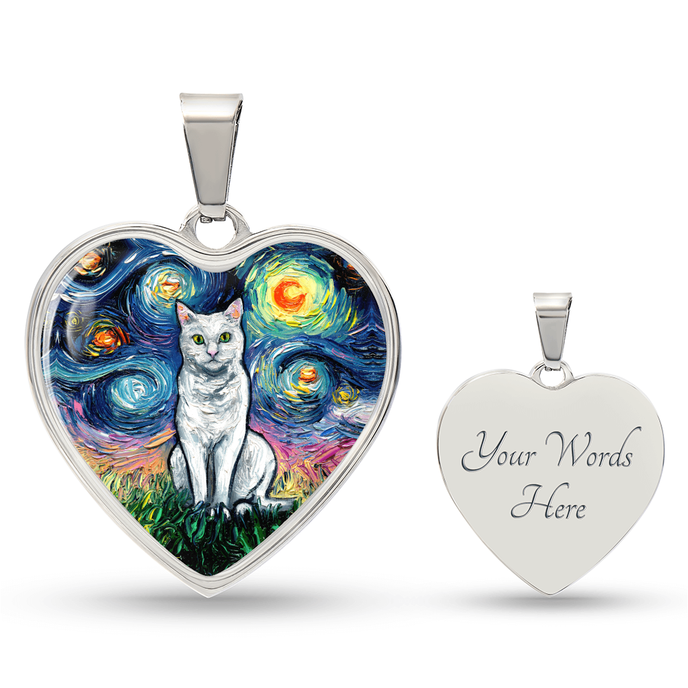 Seated White Cat Starry Night Heart Necklace