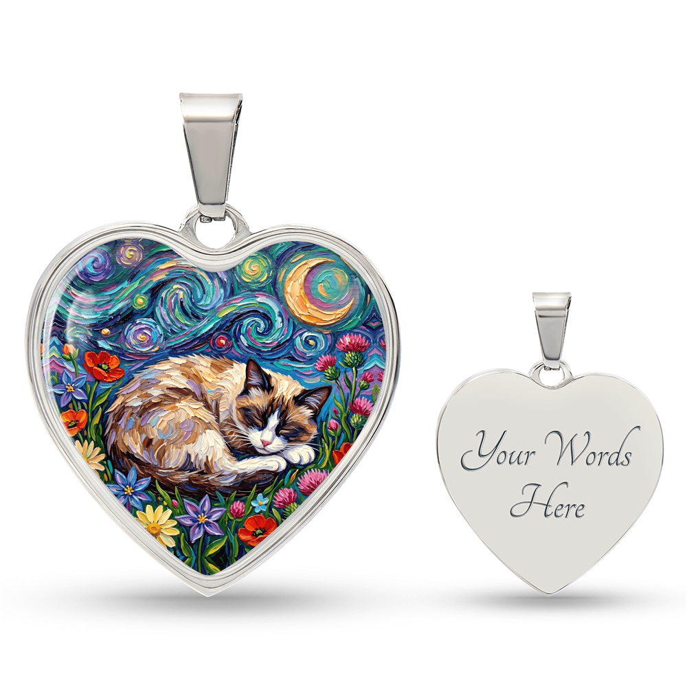 Sleepy Snowshoe Cat Night Heart Necklace