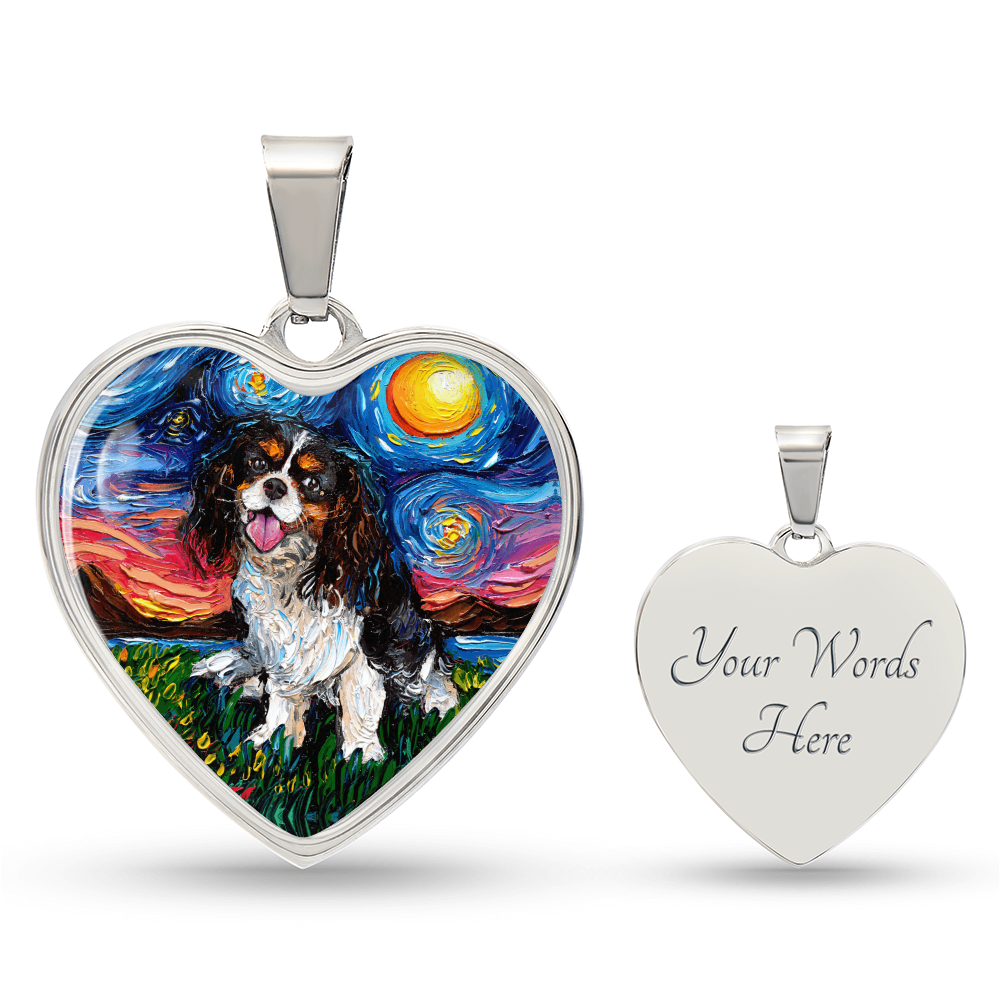 Tri Color Cavalier King Charles Spaniel Starry Night Heart Necklace