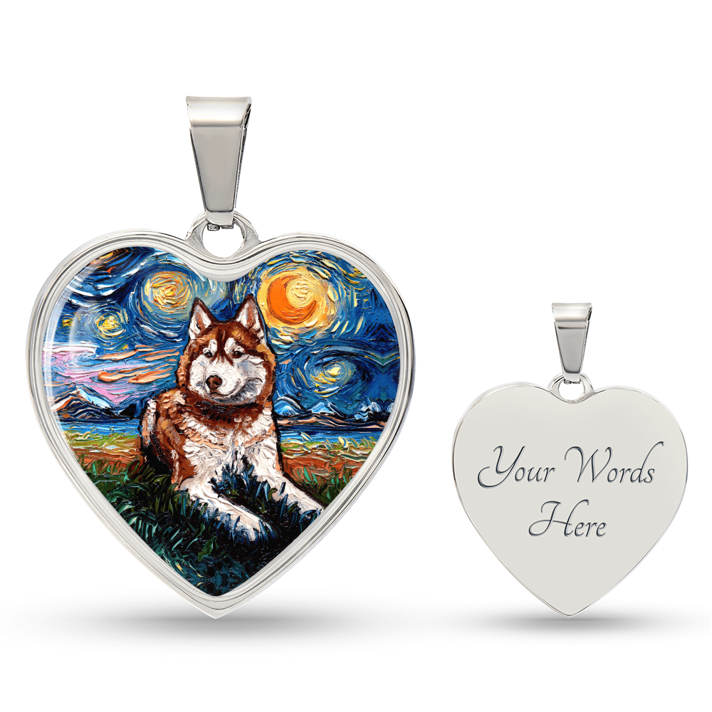 Red and White Husky Starry Night Heart Necklace
