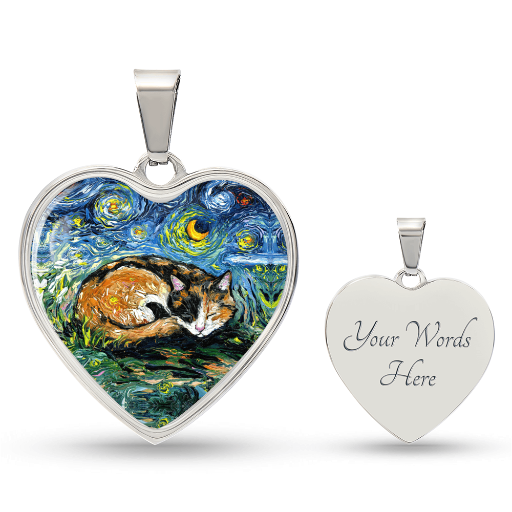 Sleeping Calico Cat Starry Night Heart Necklace
