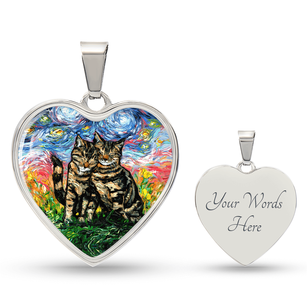 Two Tabby Cats Starry Night Heart Necklace