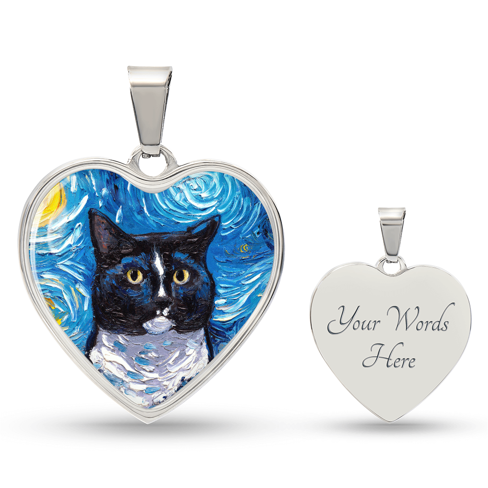 Tuxedo Cat Portrait Starry Night Heart Necklace