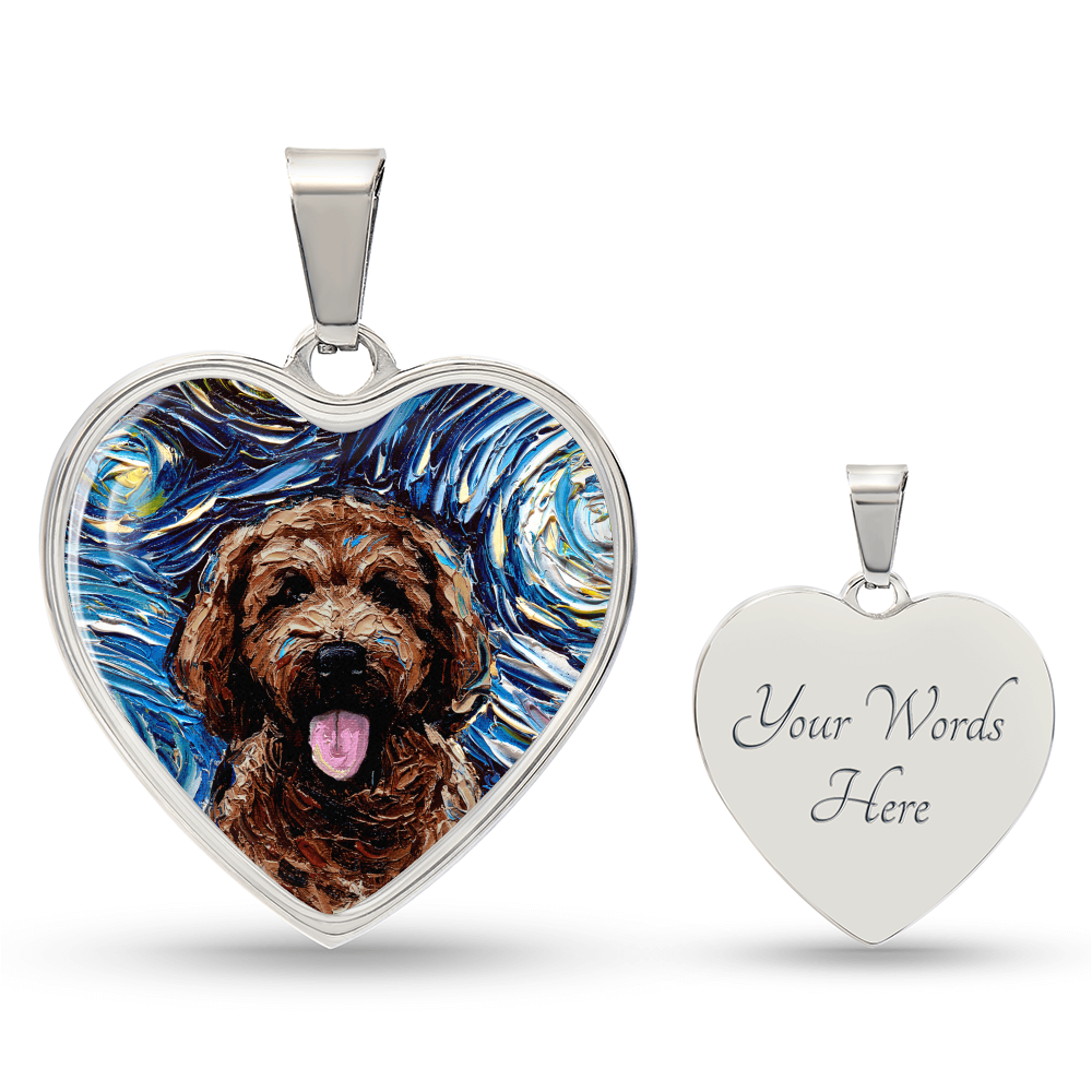 Brown Goldendoodle Portrait Starry Night Heart Necklace