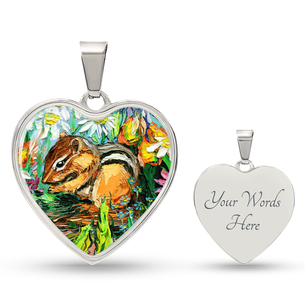Chipmunk in Spring Garden Heart Necklace