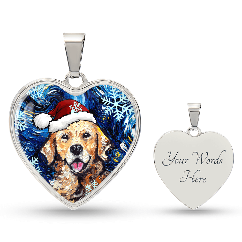 Golden Retriever in Santa Hat Starry Night Heart Necklace