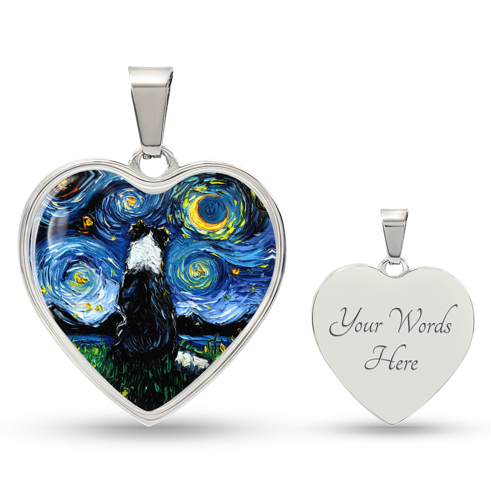 Border Collie Back Starry Night Heart Necklace