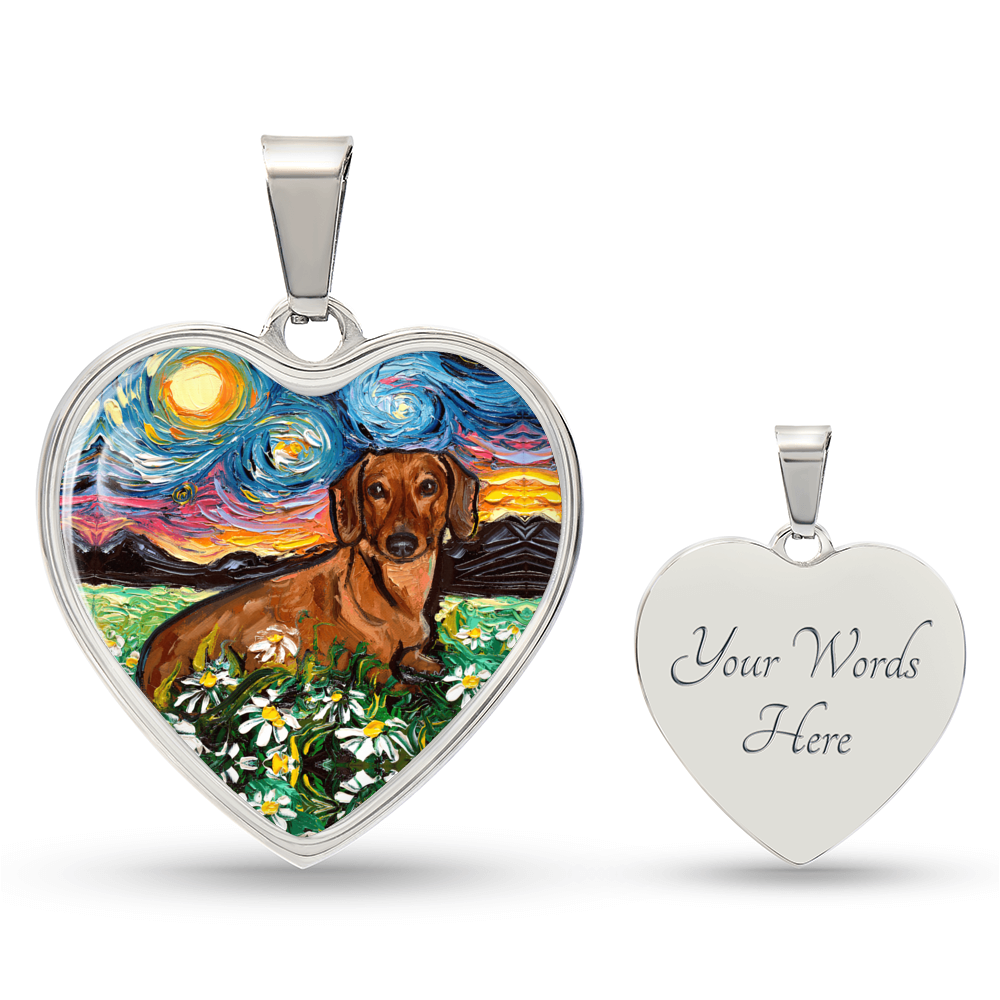 Brown Dachshund with Flowers Starry Night Heart Necklace