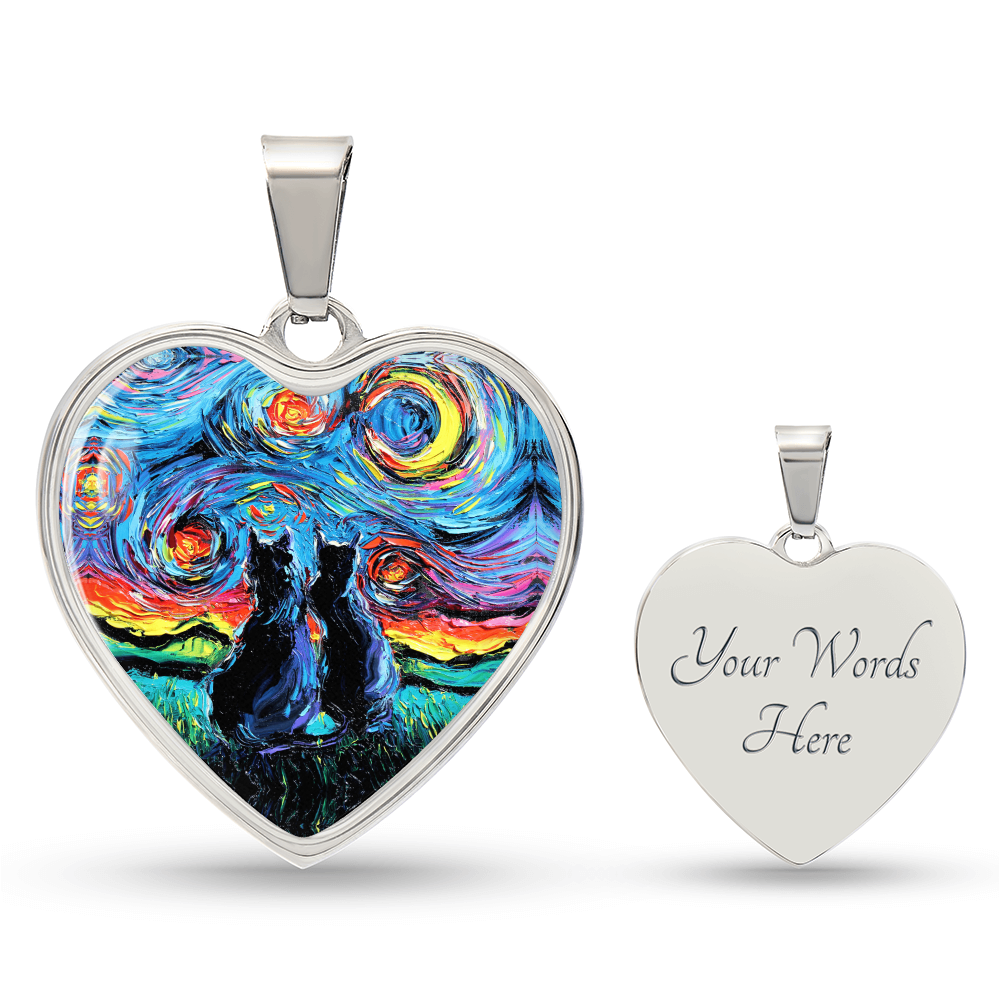 Van Gogh's Cats Starry Night Heart Necklace