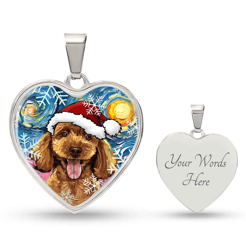 Apricot Poodle Puppy in Santa Hat Starry Night Heart Necklace