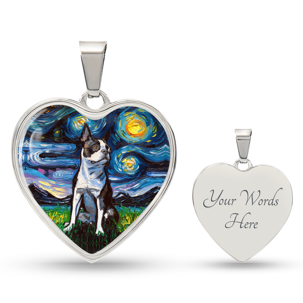 Boston Terrier Starry Night Heart Necklace