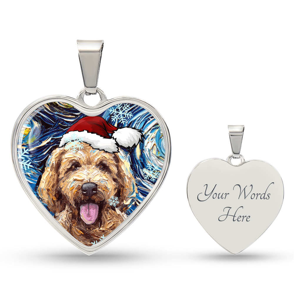 Goldendoodle in Santa Hat Starry Night Heart Necklace