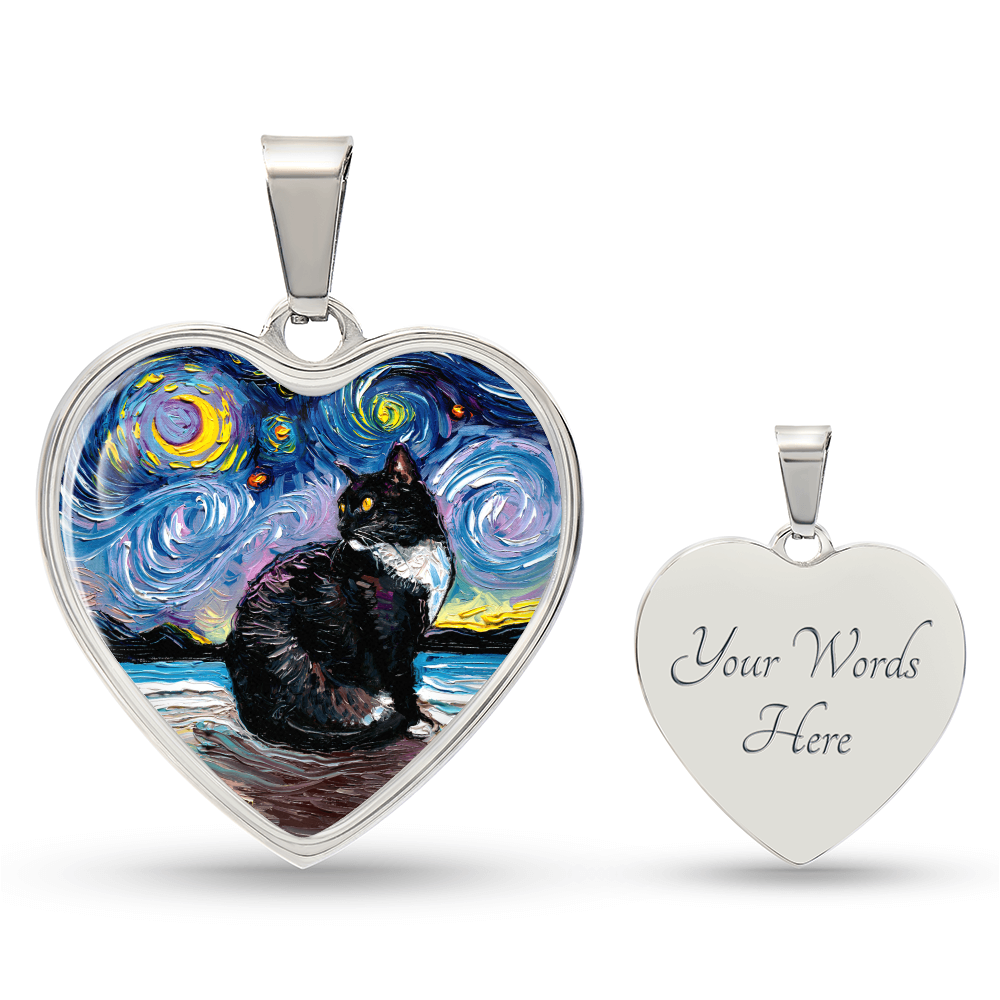 Tuxedo Cat with Yellow Eyes Starry Night Heart Necklace
