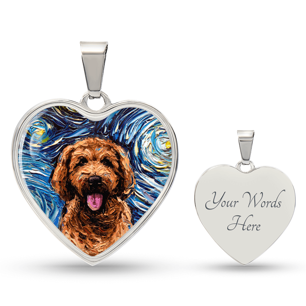 Apricot Goldendoodle Portrait Starry Night Heart Necklace