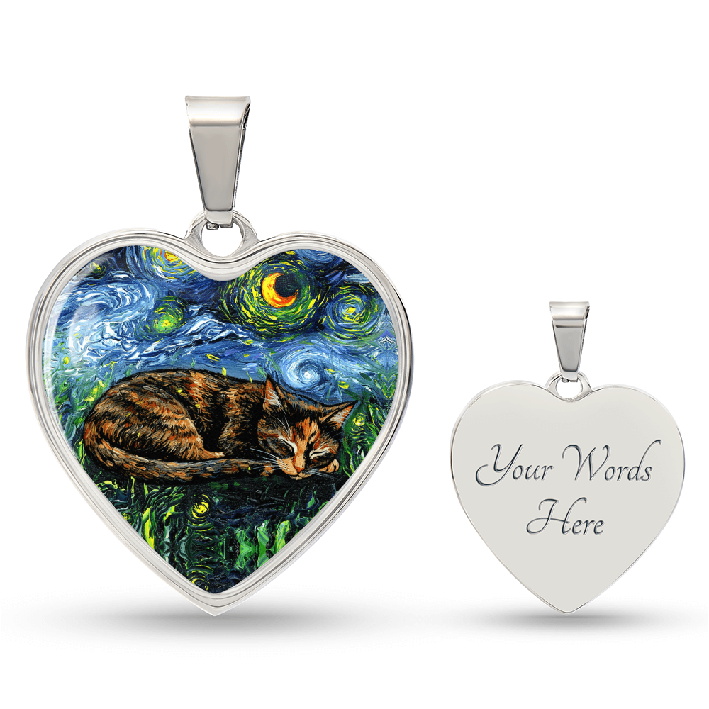 Sleepy Tortie Starry Night Heart Necklace