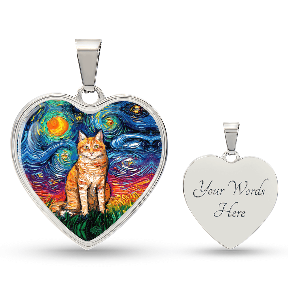 Seated Orange Tabby Cat Starry Night Heart Necklace
