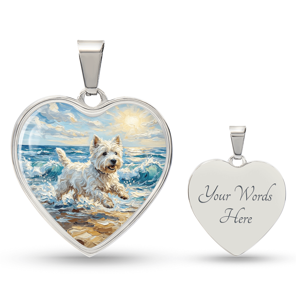 Frolicking Westie at the Beach Heart Necklace
