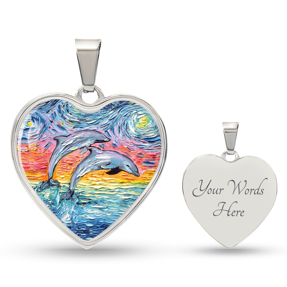 Dolphins Jumping Pastel Starry Night Heart Necklace