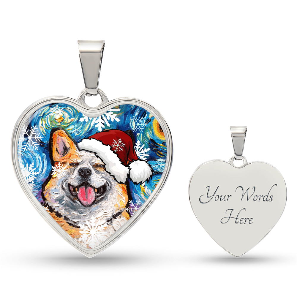 Smiling Corgi Christmas Heart Necklace