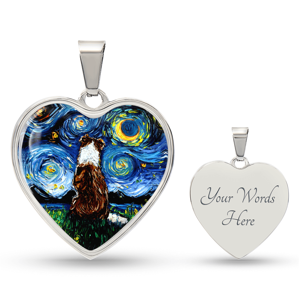 Red Border Collie Starry Night Heart Necklace
